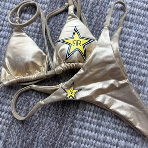 RARE Gold Rockstar Energy Drink 2 Piece String Bikini Small Star Logo Rock Star